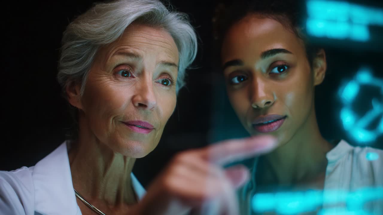 Two women engage in a profound discussion, their expressions embodying curiosity and connection as they explore advanced technology displayed on a glowing interface in a dimly lit environment