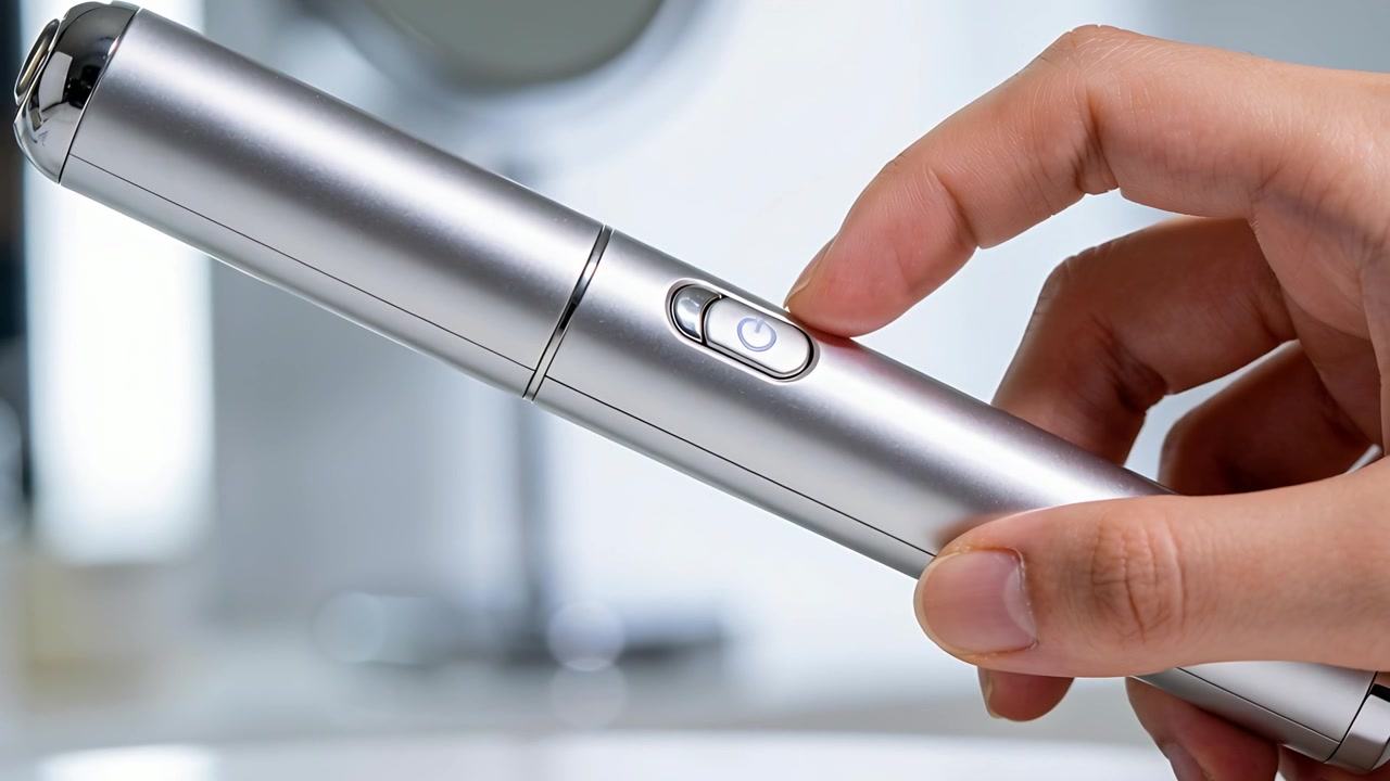Pressing thumb on silver pen, hand activating power button at bathroom vanity, powering device on