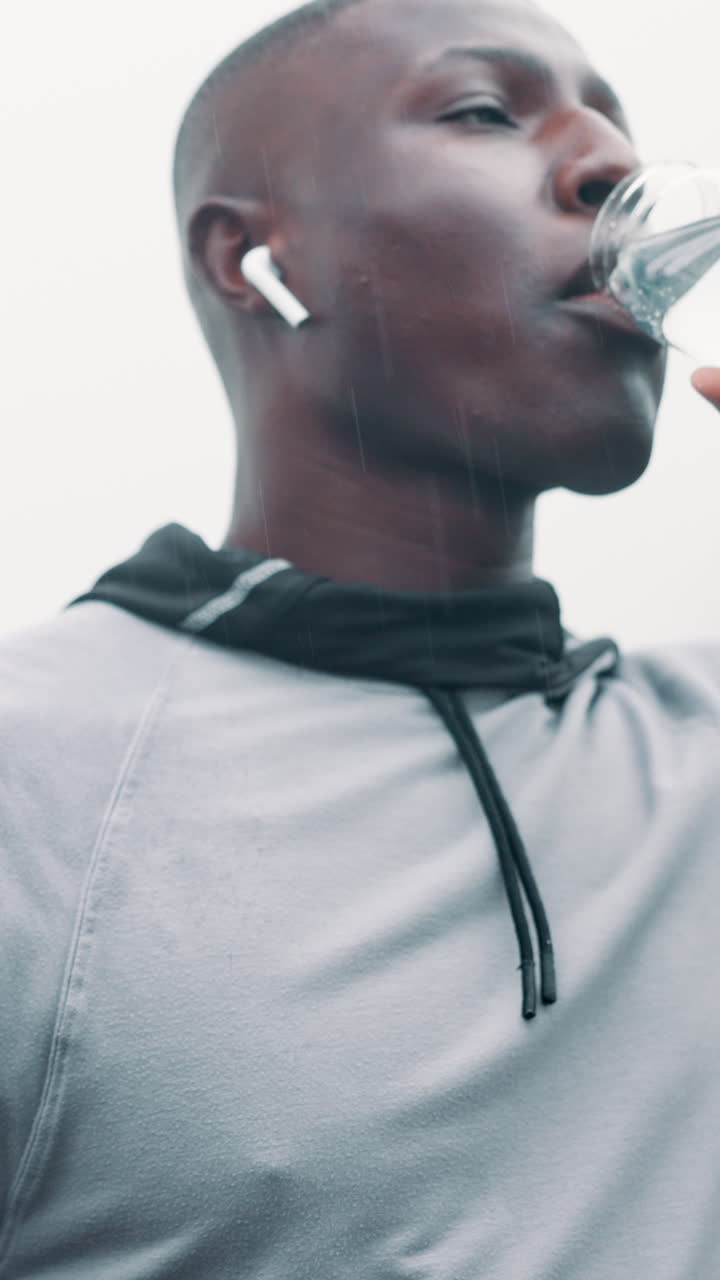 Young Man Drinking Water After Workout in Rain
