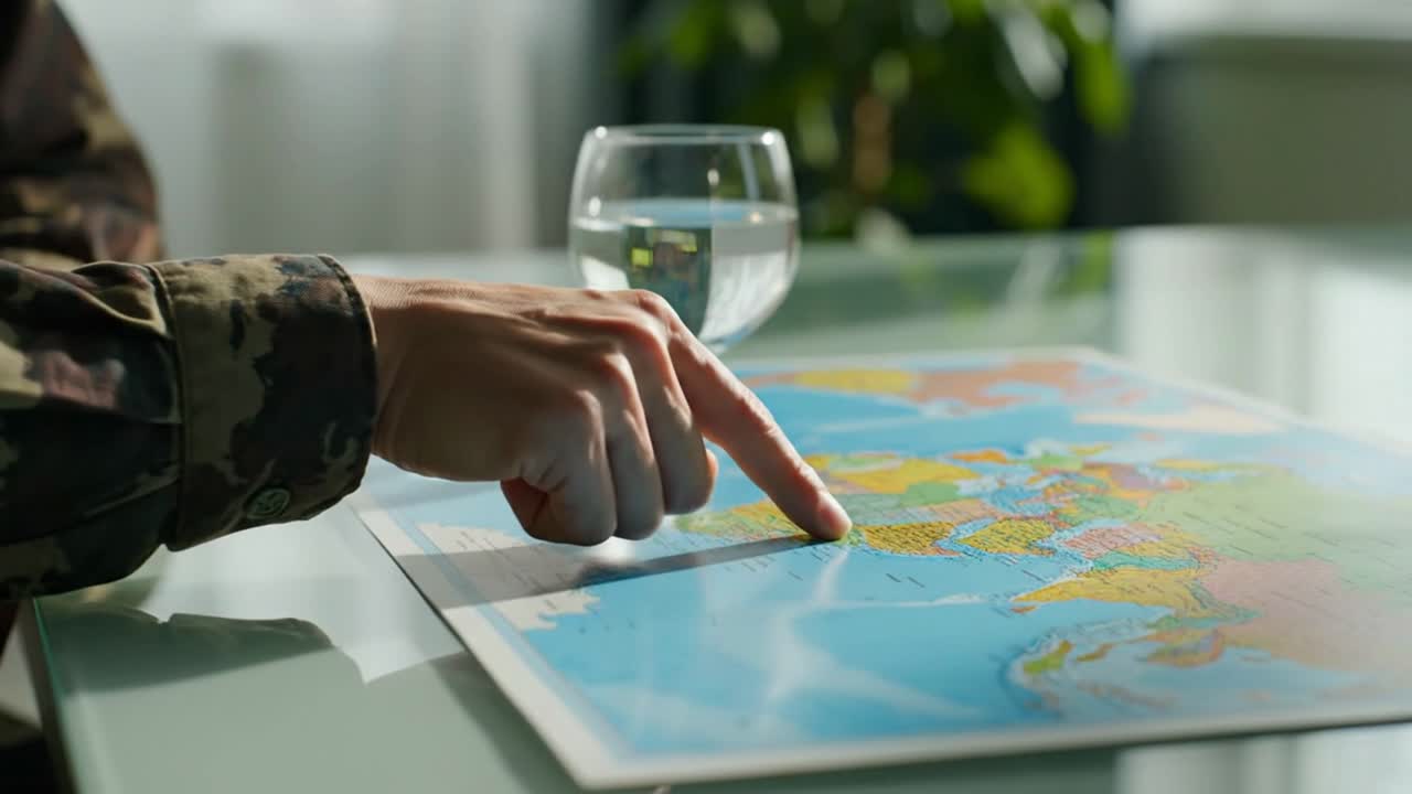Soldat peker finger på verdenskart og planlegger strategi