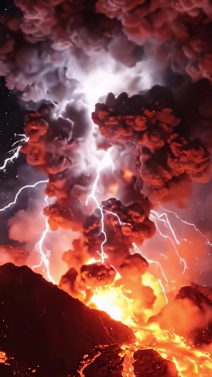Una potente eruzione vulcanica sprigiona lava incandescente, fumo denso e fulmini, creando uno spettacolo mozzafiato dell'energia grezza e della distruzione della natura.
