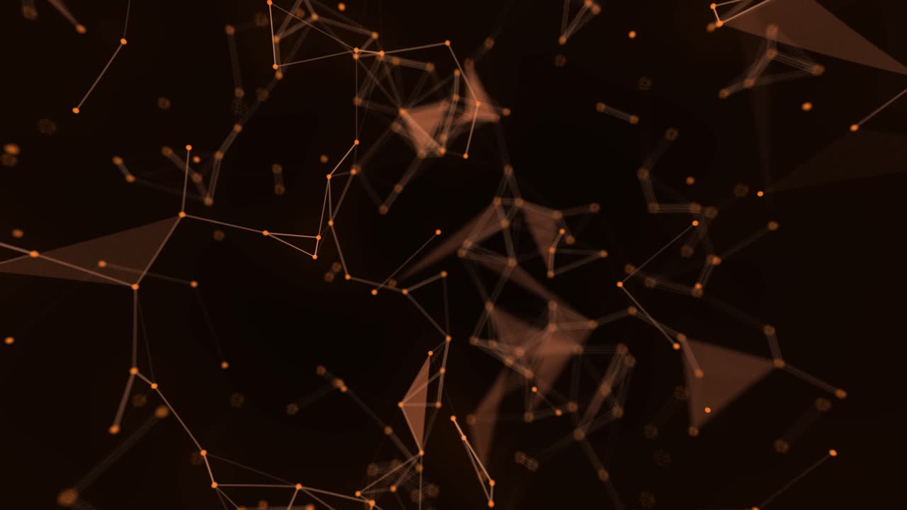 Animated abstract simple plexus background with molecule-like geometric shapes with bright interconnected points, on a dark orange to black gradient background