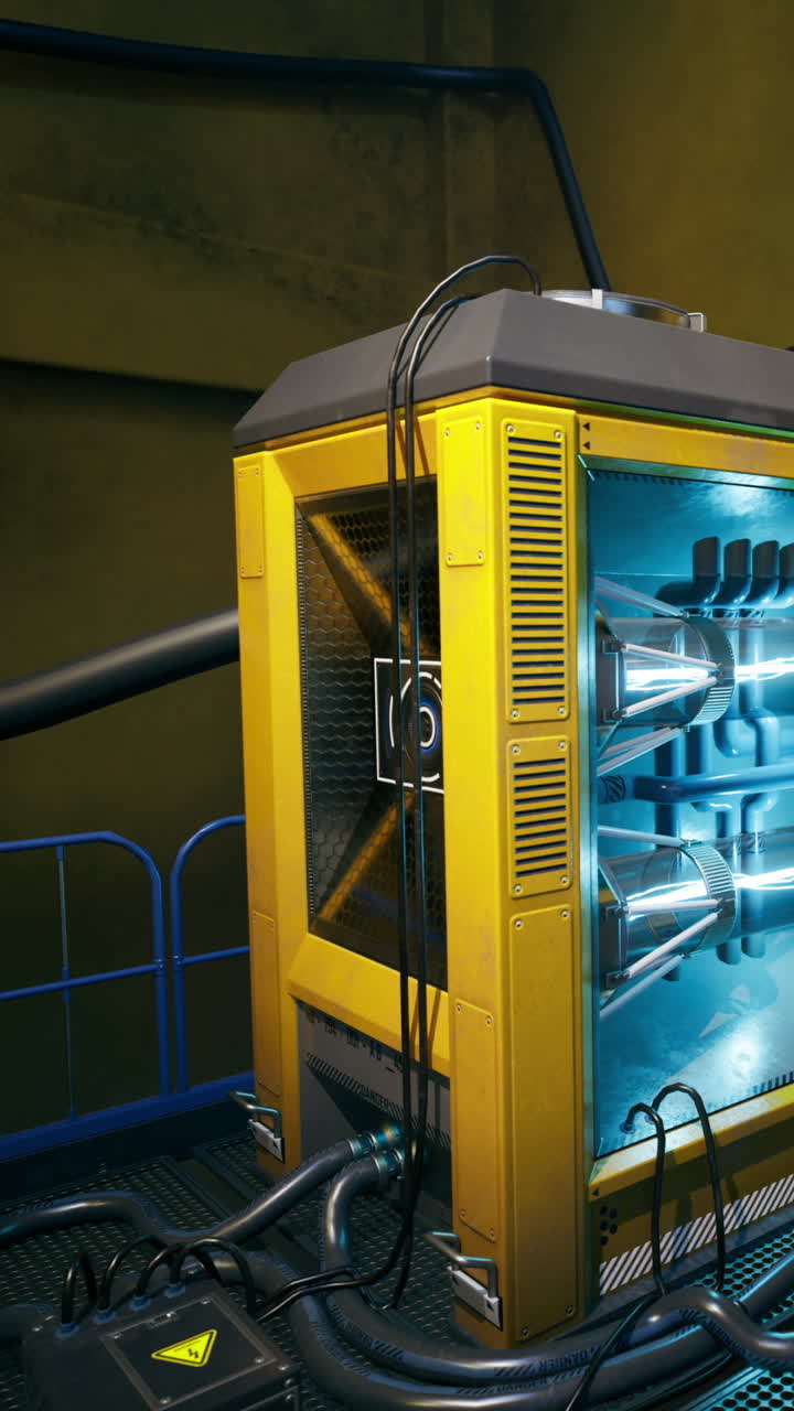 Nápadný žlutý generátor energie stojí v průmyslovém prostředí.
