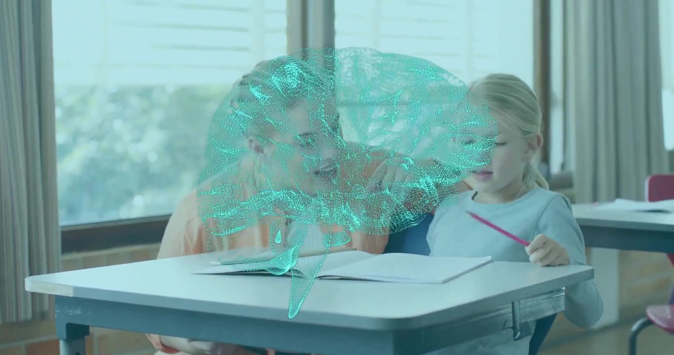 Girl writing notebook activating teal brain hologram as mother guiding pencil marking for education