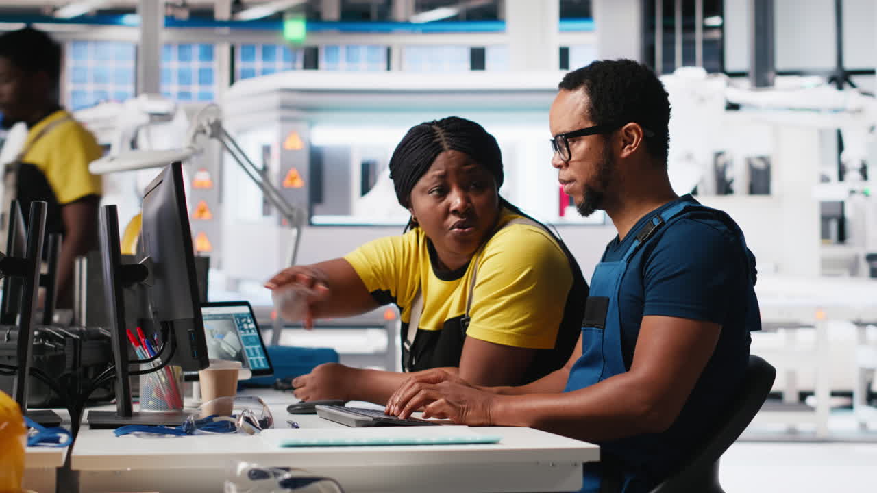 Vertical Video Factory workers team check solar energy system diagnostics on PC