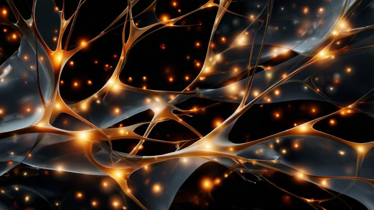 Jaringan Neural yang Diterangi: Visualisasi Artistik dari Struktur Neuronal Kompleks dengan Sinapsis yang Bercahaya dan Latar Belakang Gelap, Mewakili Konektivitas dan Aliran Informasi