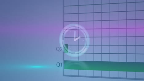 Animation-of-neon-ticking-clock-over-statistical-data-processing-against-blue-background