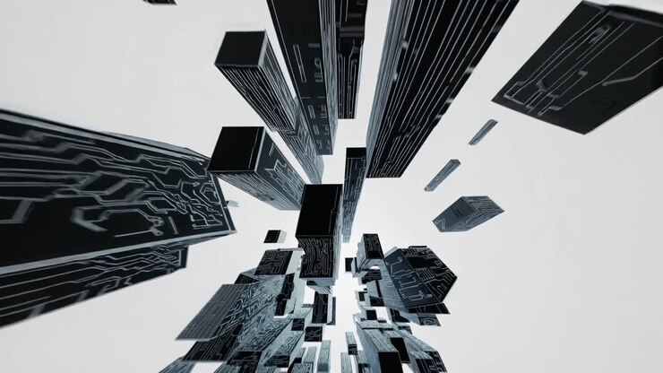 Futuristic cityscape video concept with a low-angle view of circuit-patterned skyscrapers