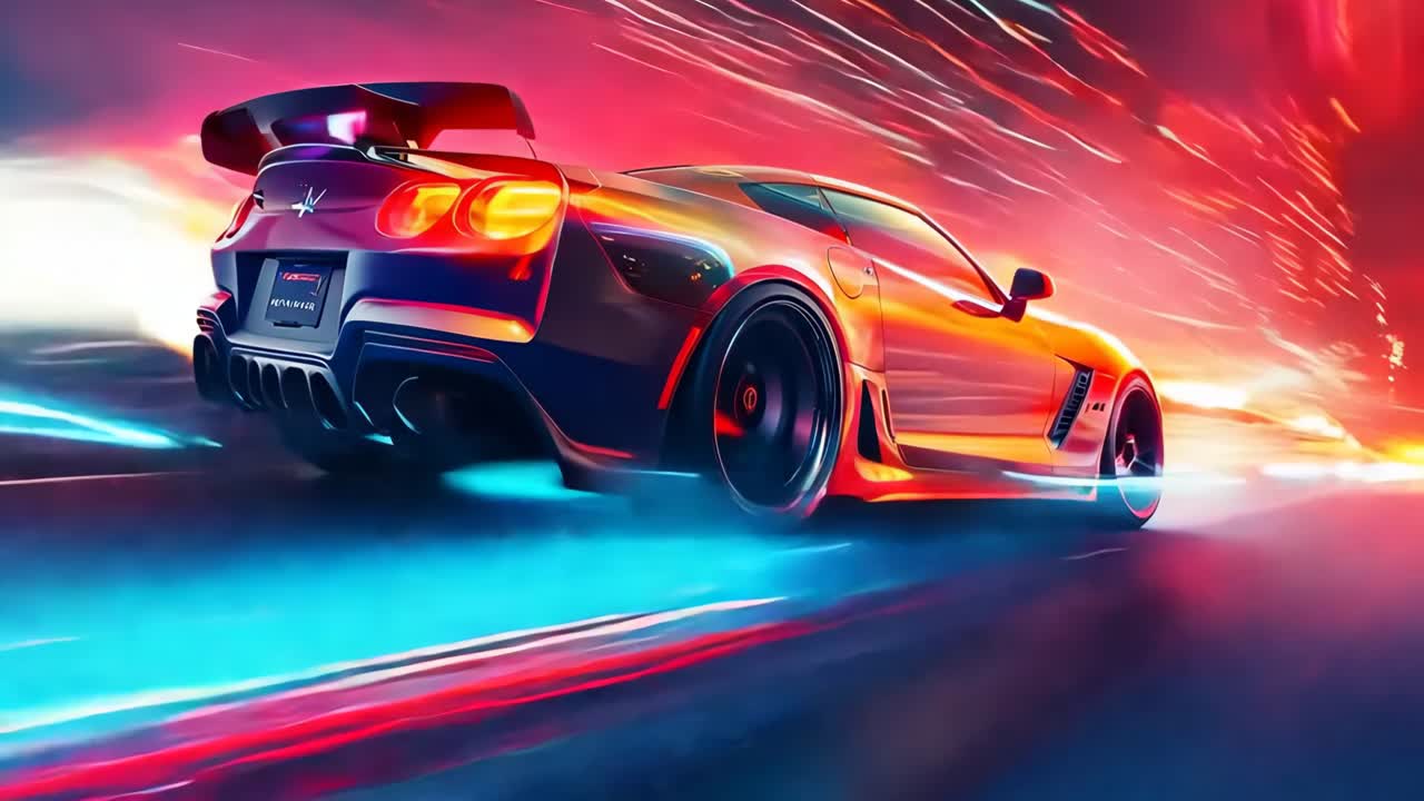 빨간색과 노란색 배경으로 도로를 운전하는 자동차