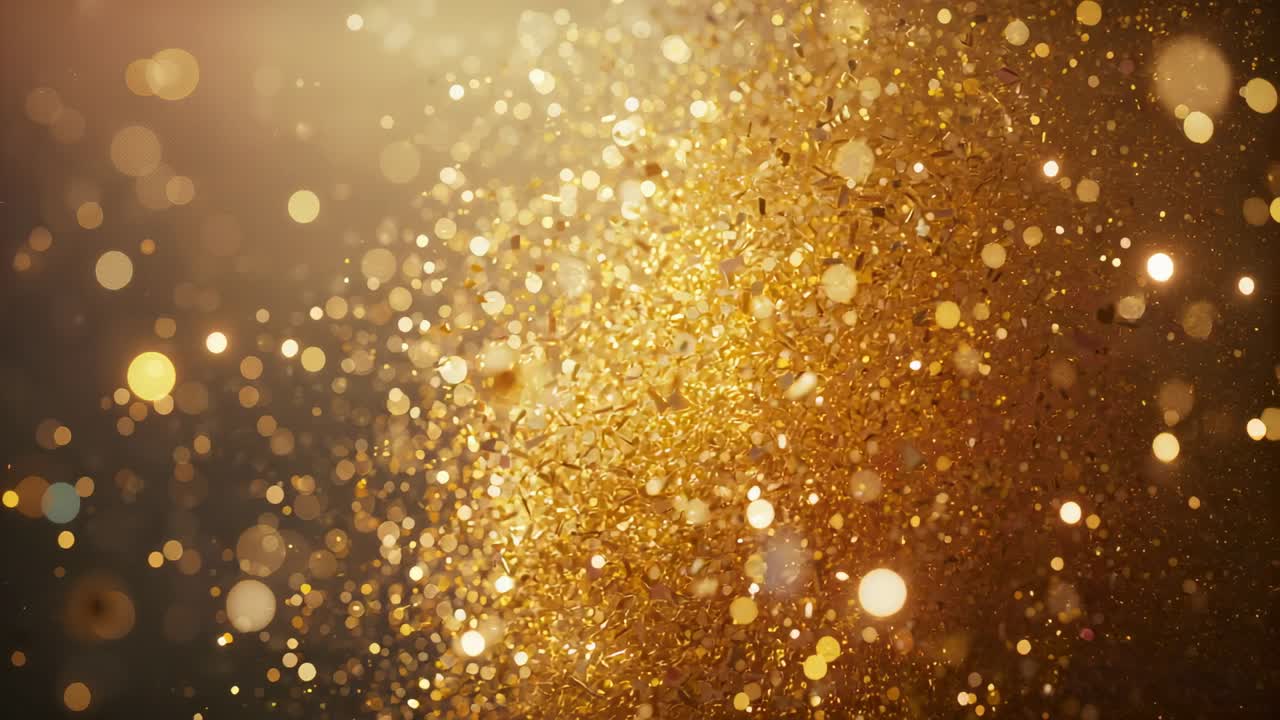 Frammenti dorati che turbinano con riflessi bokeh su uno sfondo scuro e luminoso, rivelando brillantezza