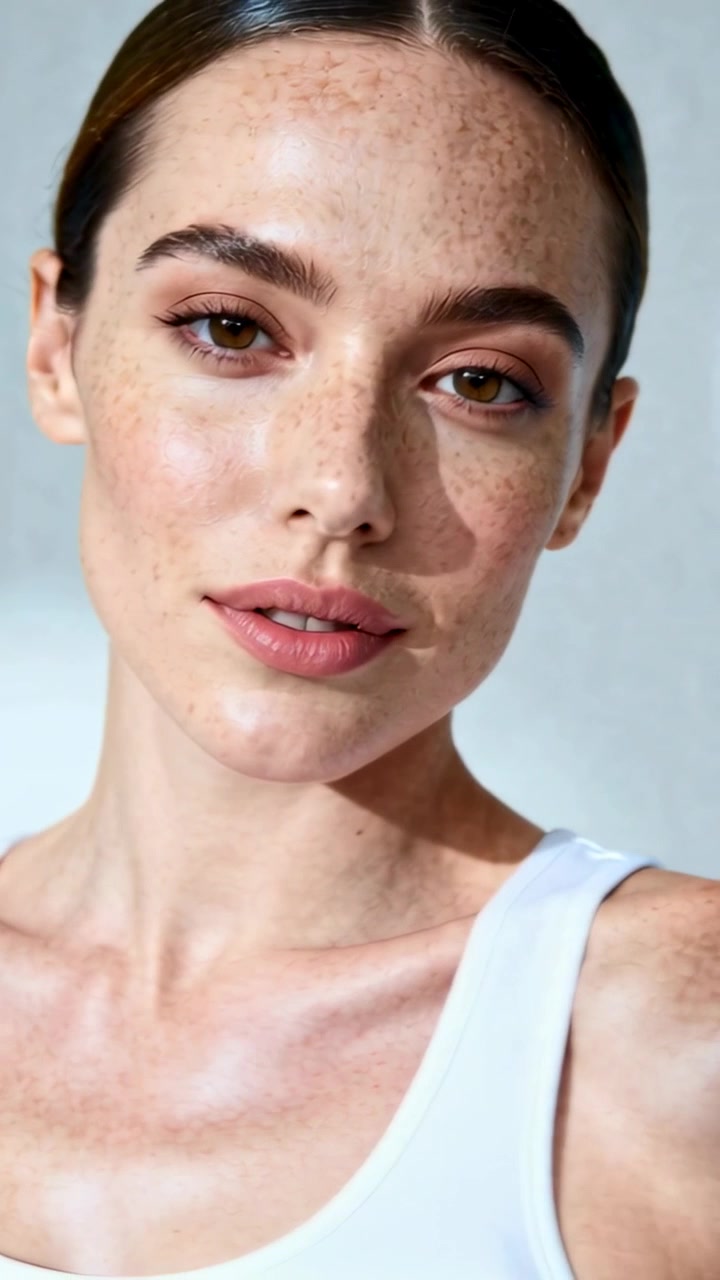 Video vertical: Mujer posando, inclinando la cabeza y cambiando la mirada a la señal para una sesión de modelaje en estudio, vistiendo un top blanco.