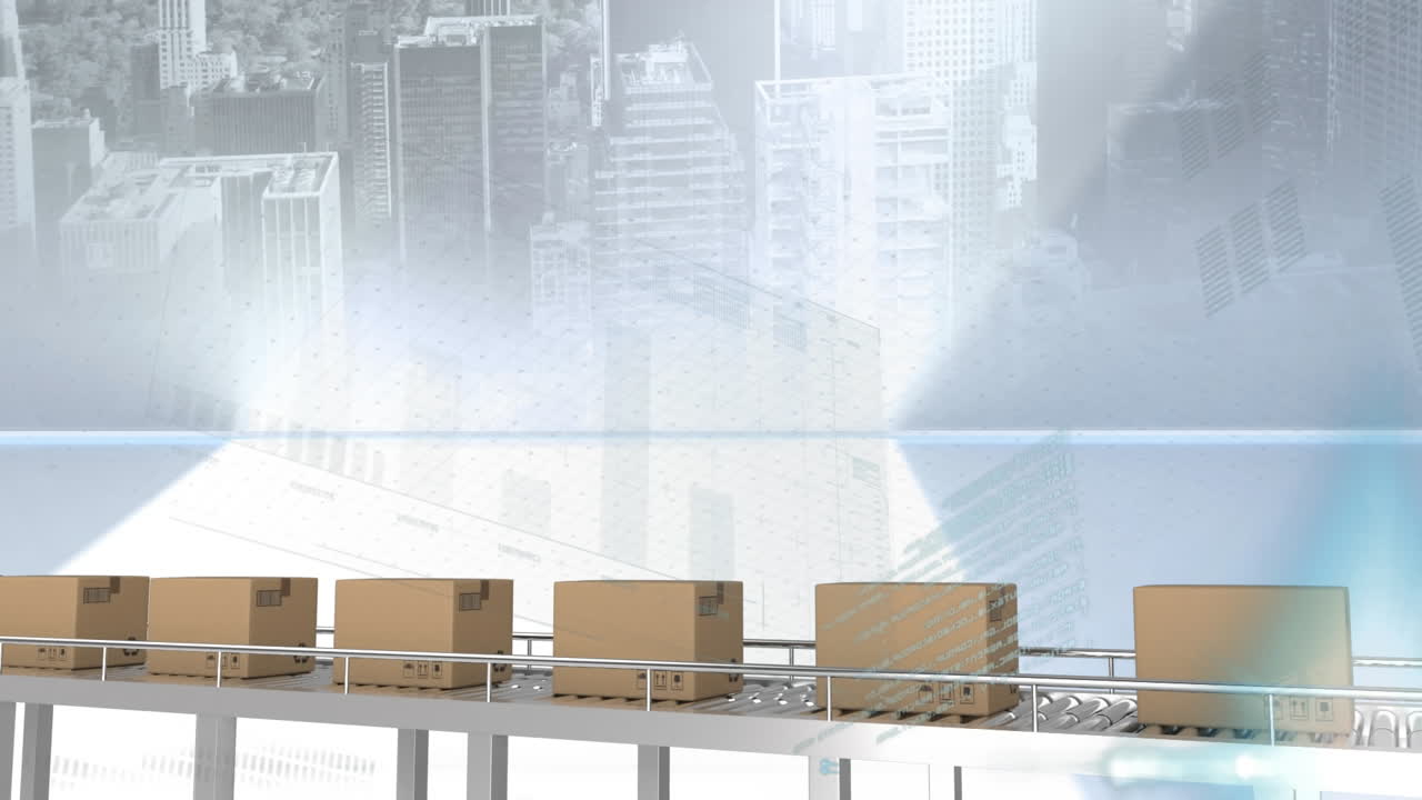 컨베이어 벨트와 도시 풍경에 있는 카드보드 상자 위의 통계 처리의 애니메이션