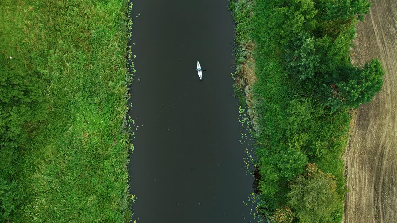 Solo Kayaking in Scenic Scandinavian River – Top-Down Aerial View