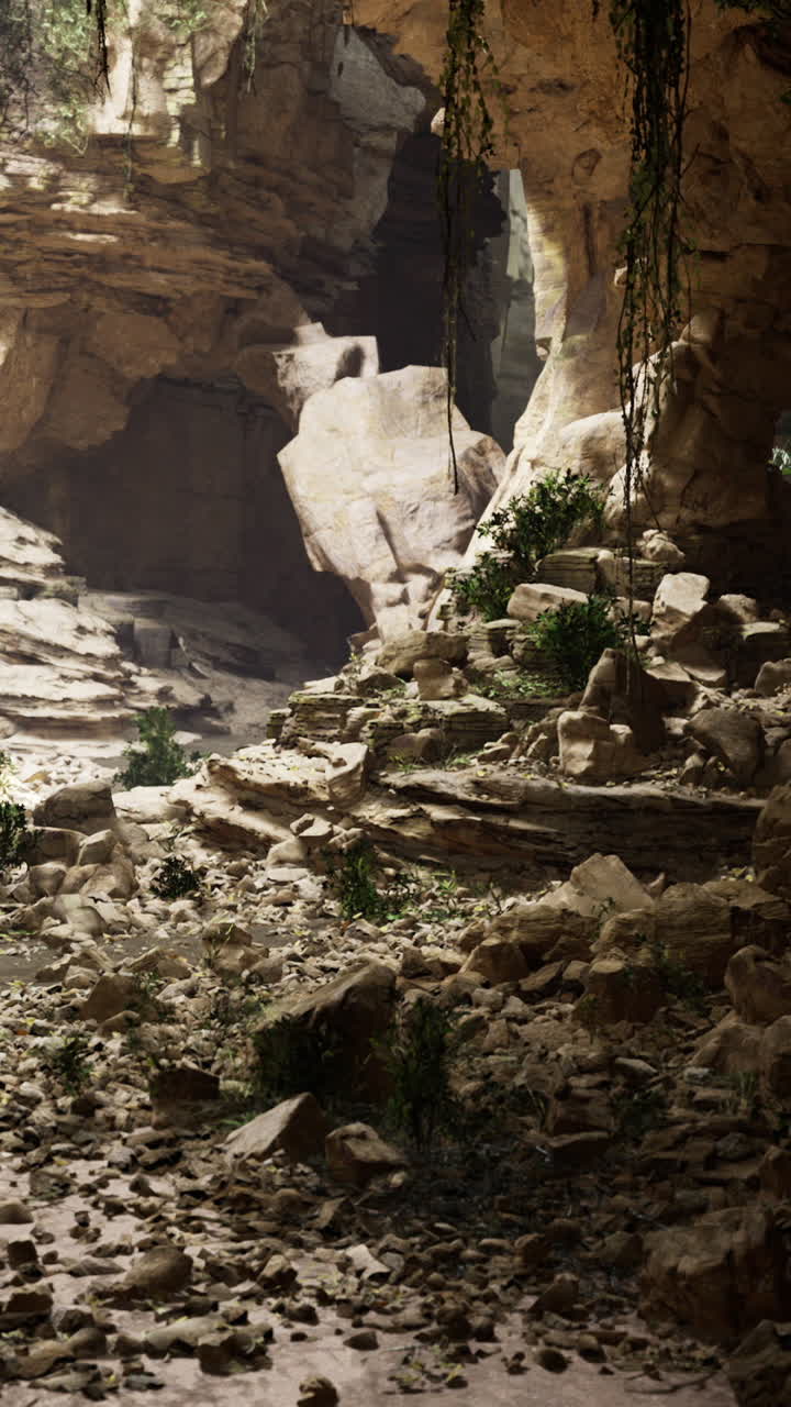 Exploring a hidden cave with rocky formations and lush greenery at midday