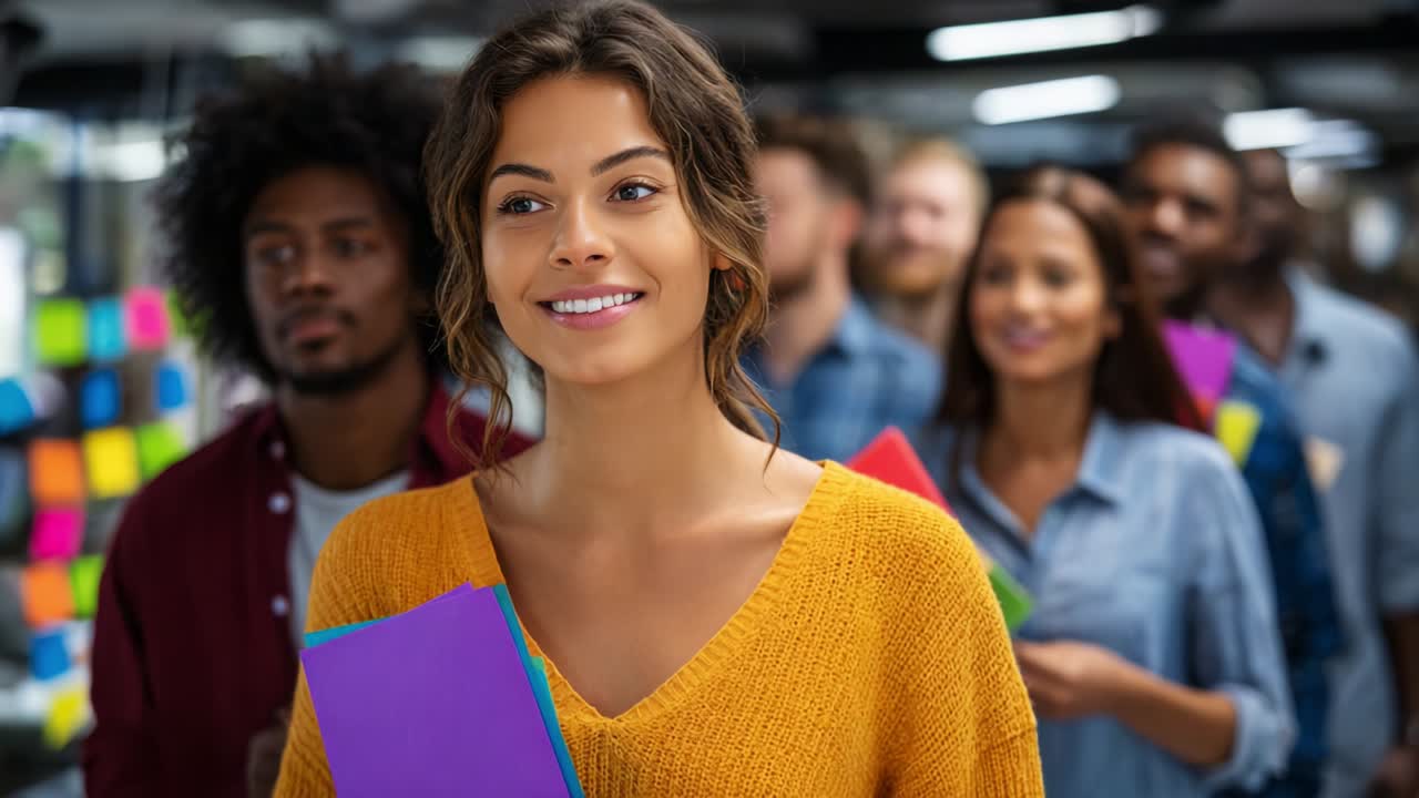 Un gruppo eterogeneo di persone che cammina con sicurezza in un ambiente di lavoro moderno, mostrando collaborazione e creatività mentre tengono cartelle colorate e interagiscono positivamente.