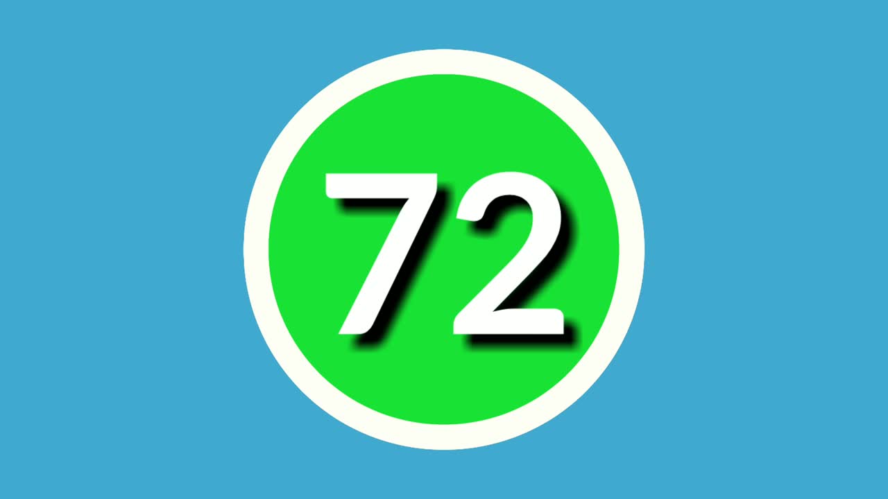 Number 72 seventy two sign symbol animation motion graphics on green sphere on blue background,4k cartoon video number for video elements