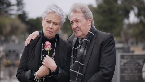 funeral, cementerio y abrazo de una triste pareja de ancianos
