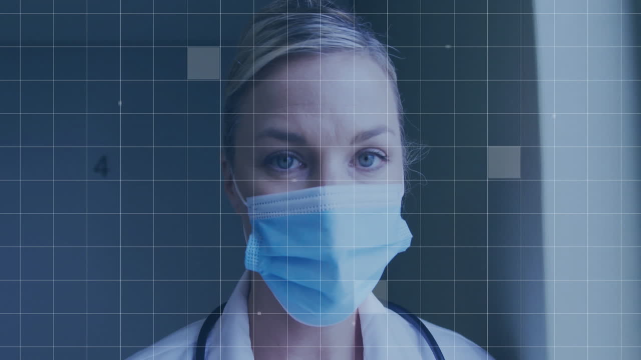 female doctor wearing surgical mask and lab coat standing in clinic corridor with grid overlay