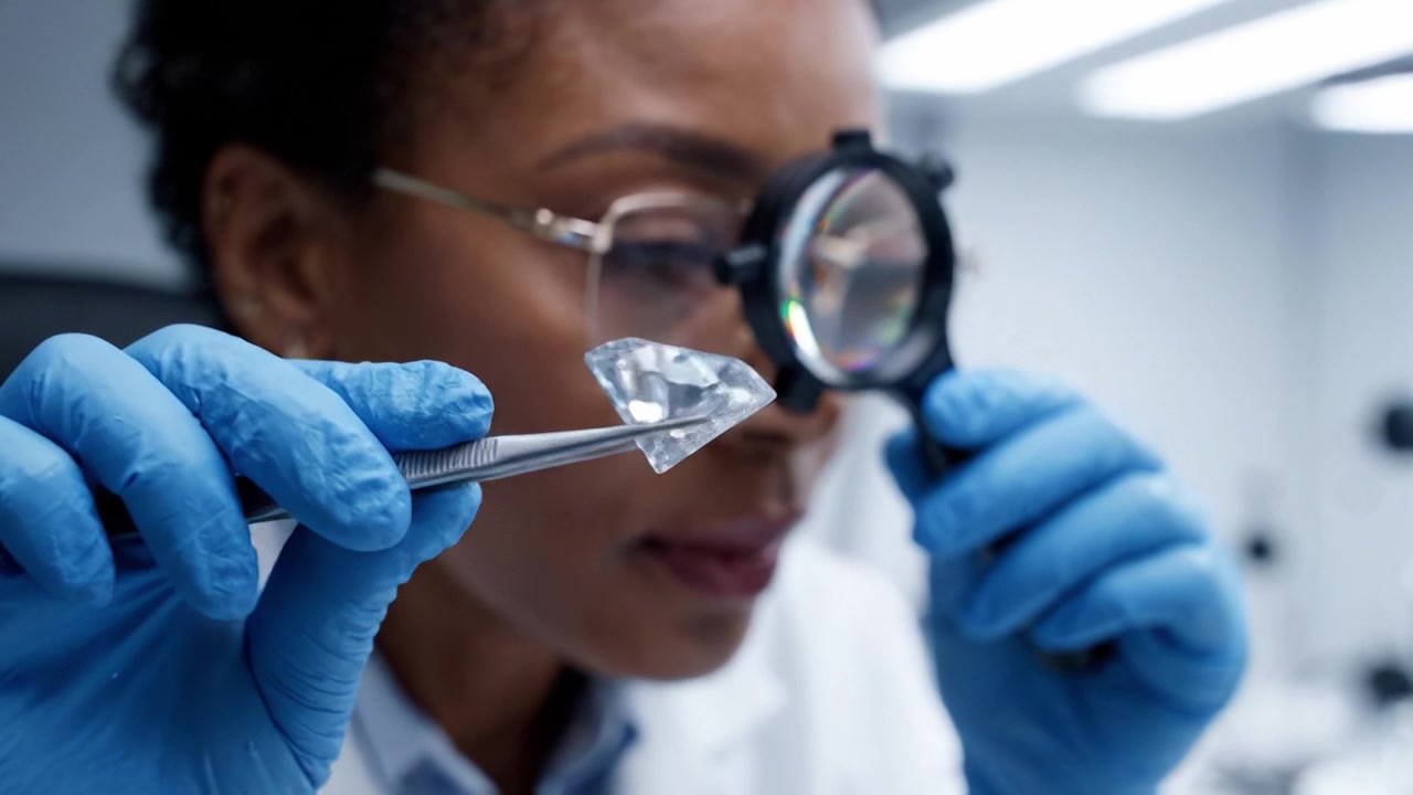 Uno scienziato concentrato che analizza una gemma con strumenti di precisione in un ambiente di laboratorio ad alta tecnologia, mostrando attenzione ai dettagli ed esperienza in gemmologia.