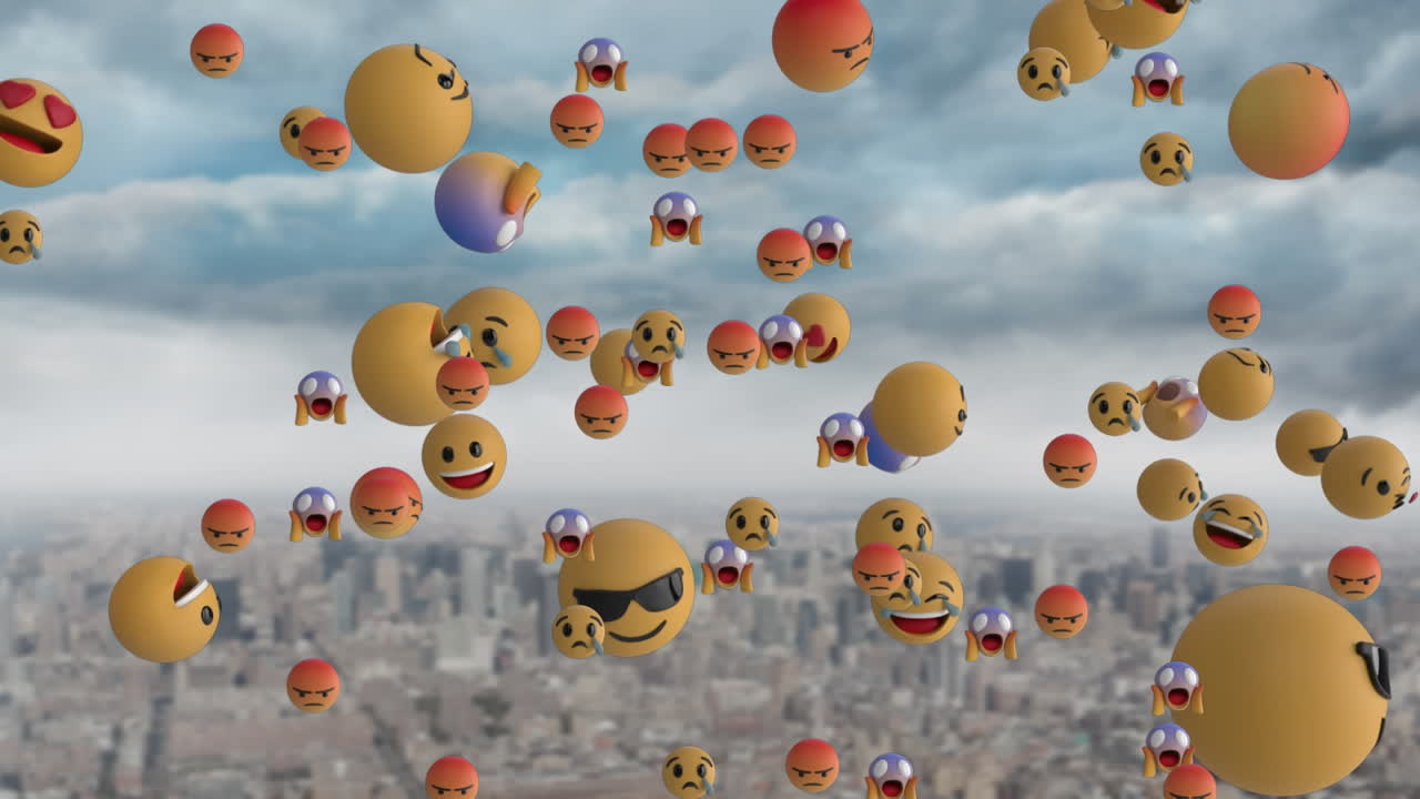 도시 풍경 위의 이모지 아이콘의 애니메이션