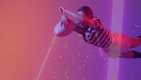 animación de luces de neón sobre una jugadora de rugby femenina en fondo de neón.