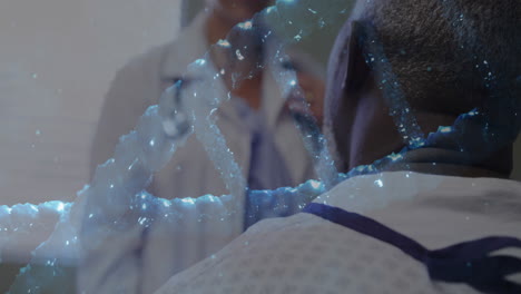 dna strand animation over medical professionals consulting with patient