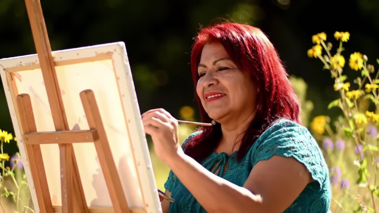 Woman Paints Outdoors Surrounded by Blooming Flowers in a Sunny Garden Setting