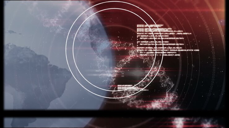 Animation of dna, globe, tape reel and data processing on red background