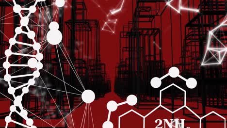 Animation-of-chemical-formula-and-dna-strand-over-digital-city-on-red-background