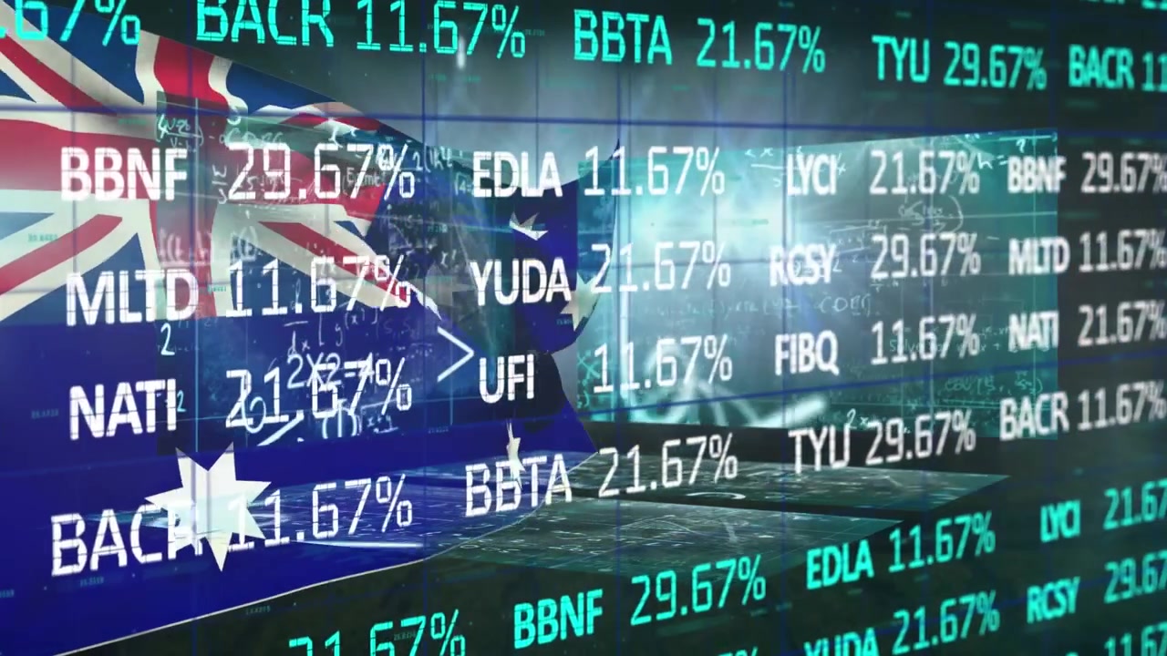 Australian Flag Waving Over Dynamic Stock Market Data Display