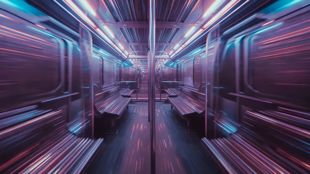 At start, camera traveling inside subway car, with bench seats, poles and neon reflections