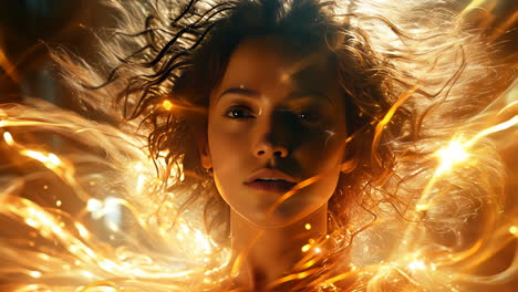 woman surrounded by glowing golden sparks in a dimly lit setting