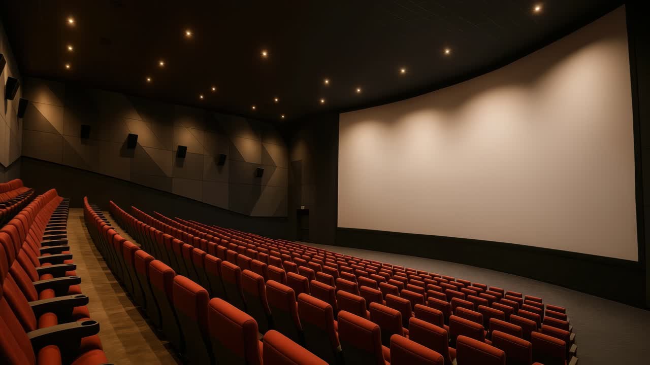 Vista grandangolare di un cinema vuoto con poltrone rosse e un grande schermo, perfetto per mostrare video