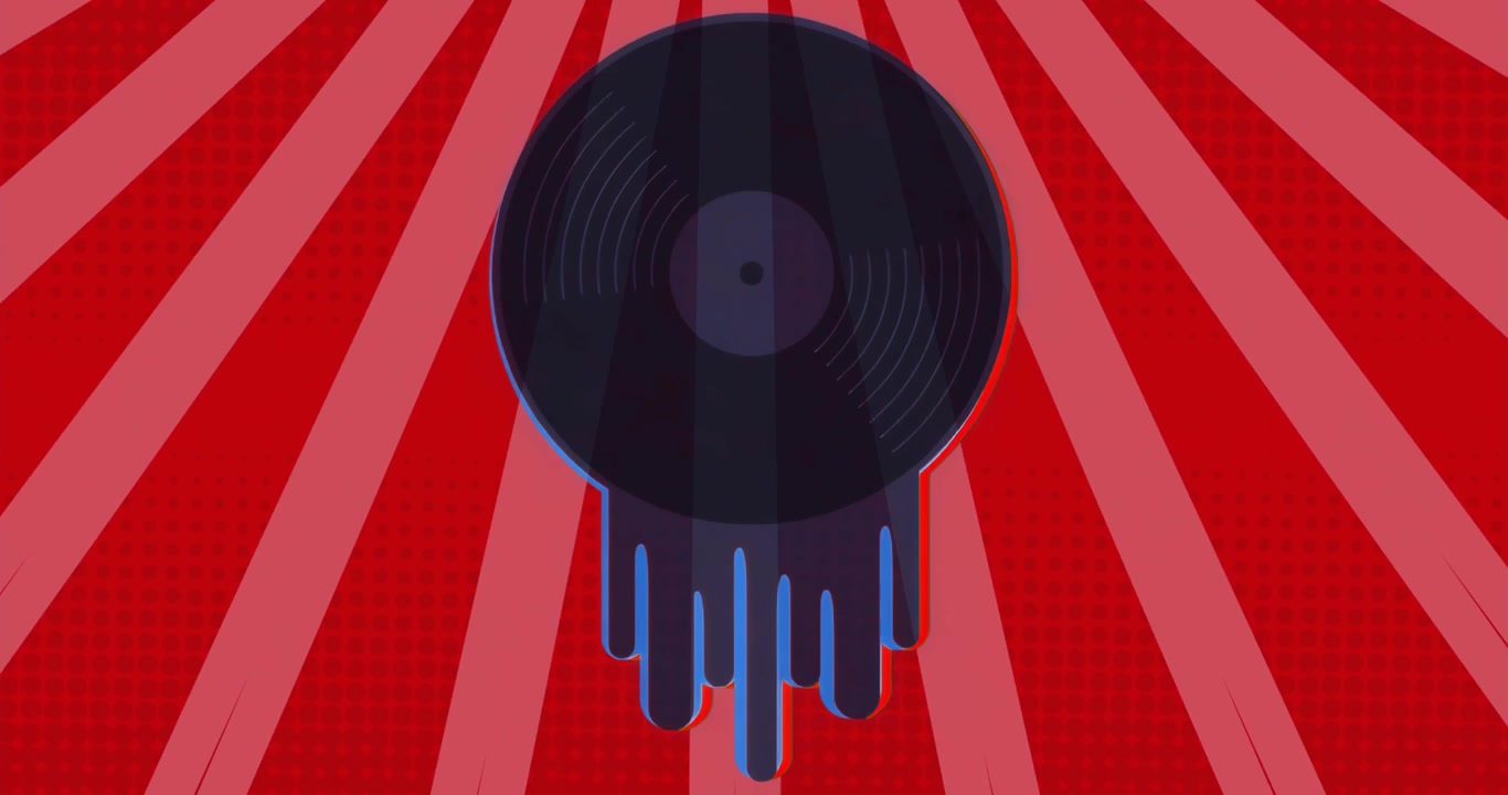 Při otevření se otáčí vinylová deska, kape modrá tekutina pod pohybujícími se pruhy ukazujícími světelný efekt