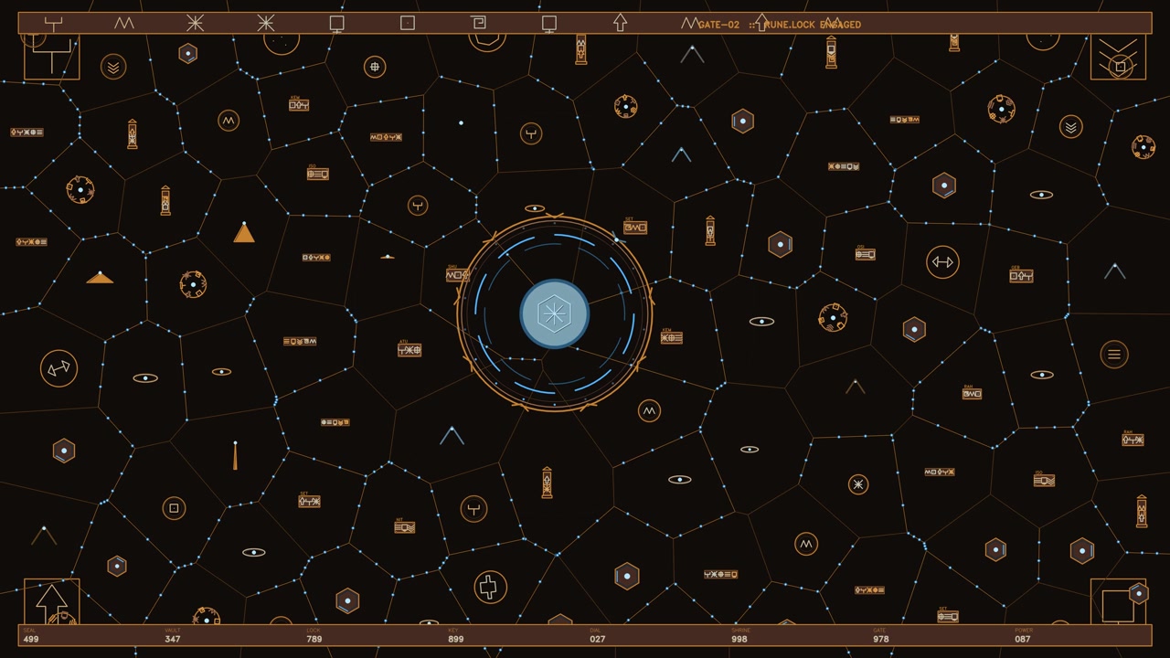 This sci fi HUD features an intricate orange hexagonal grid overlaying a dark background. A central circular reticle pulses with a glowing blue core, surrounded by various runes and geometric symbols.