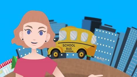 Animation-of-woman-talking-over-school-bus-icon