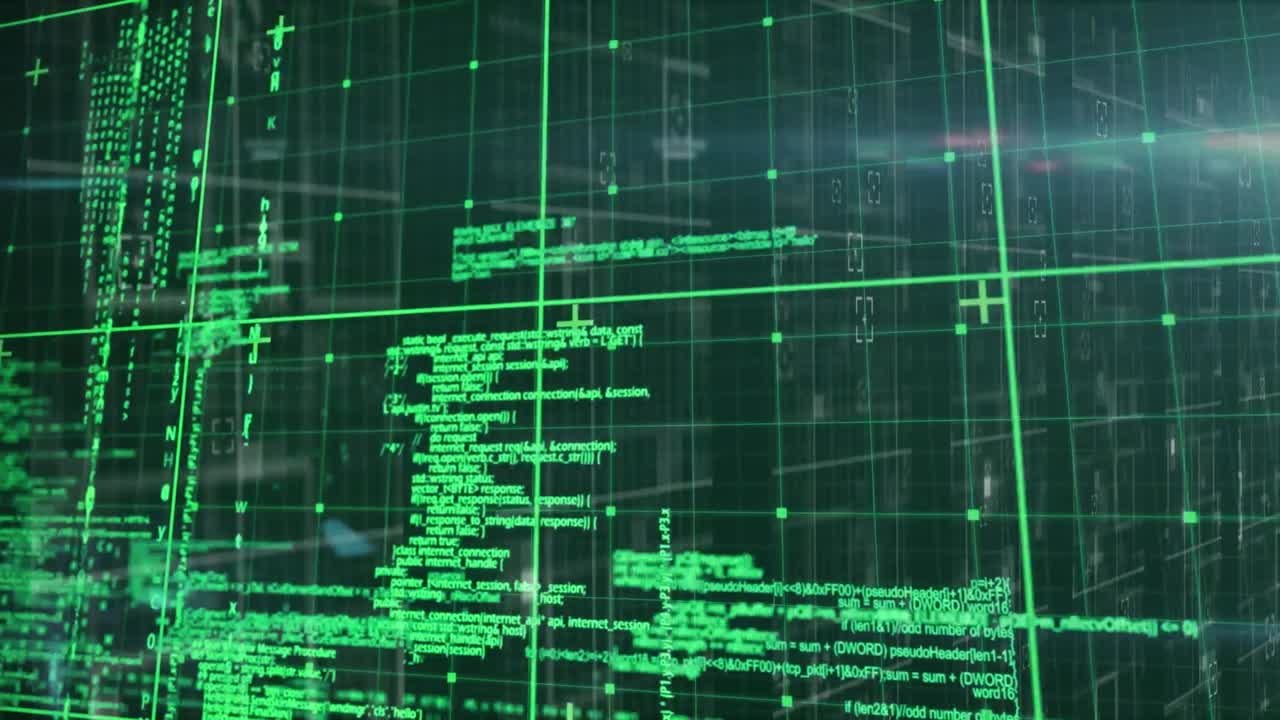 Animation of grid pattern and plus signs over computer language against black background