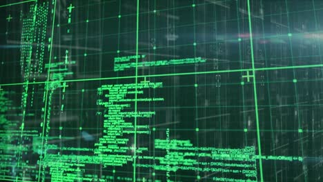 animation of grid pattern and plus signs over computer language against black background