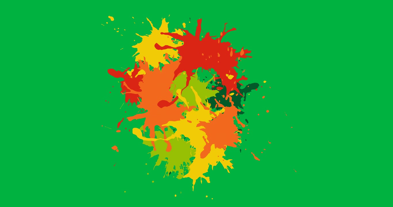 Animazione digitale di un banner con schizzi di vernice colorati e spazio per il testo su sfondo nero.