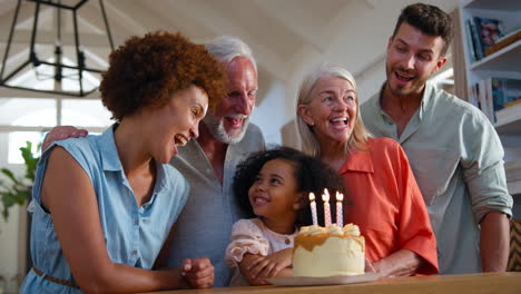 multi-generation family celebrating granddaughter's birthday at home with cake