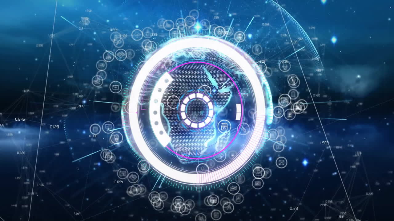 회전하는 지구와 데이터 처리 애니메이션을 가진 미래의 디지털 인터페이스