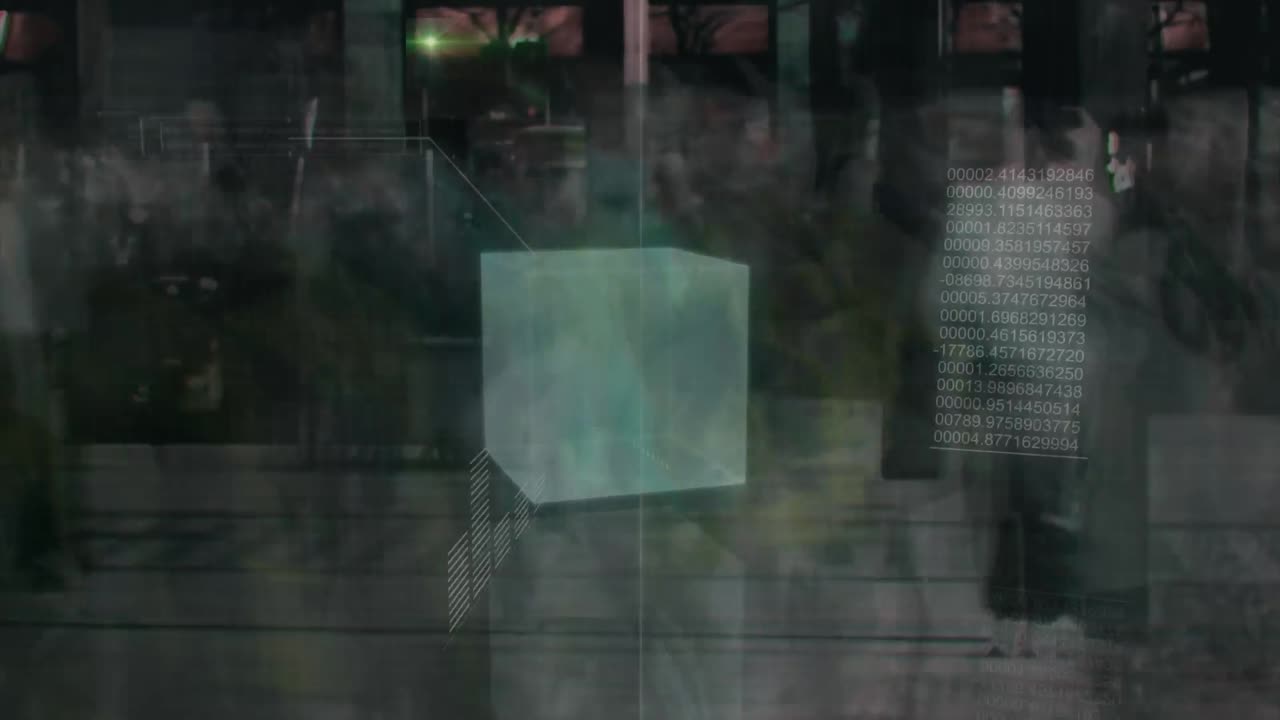 animación de datos financieros y gráficos sobre personas que caminan por la calle