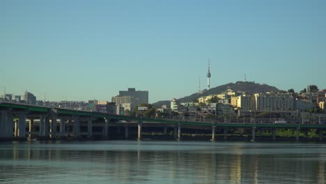 seoul city at han river with n seoul tower or namsan tower over yongsan-gu district