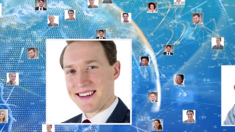 animation of globe with network of connections and business people photos