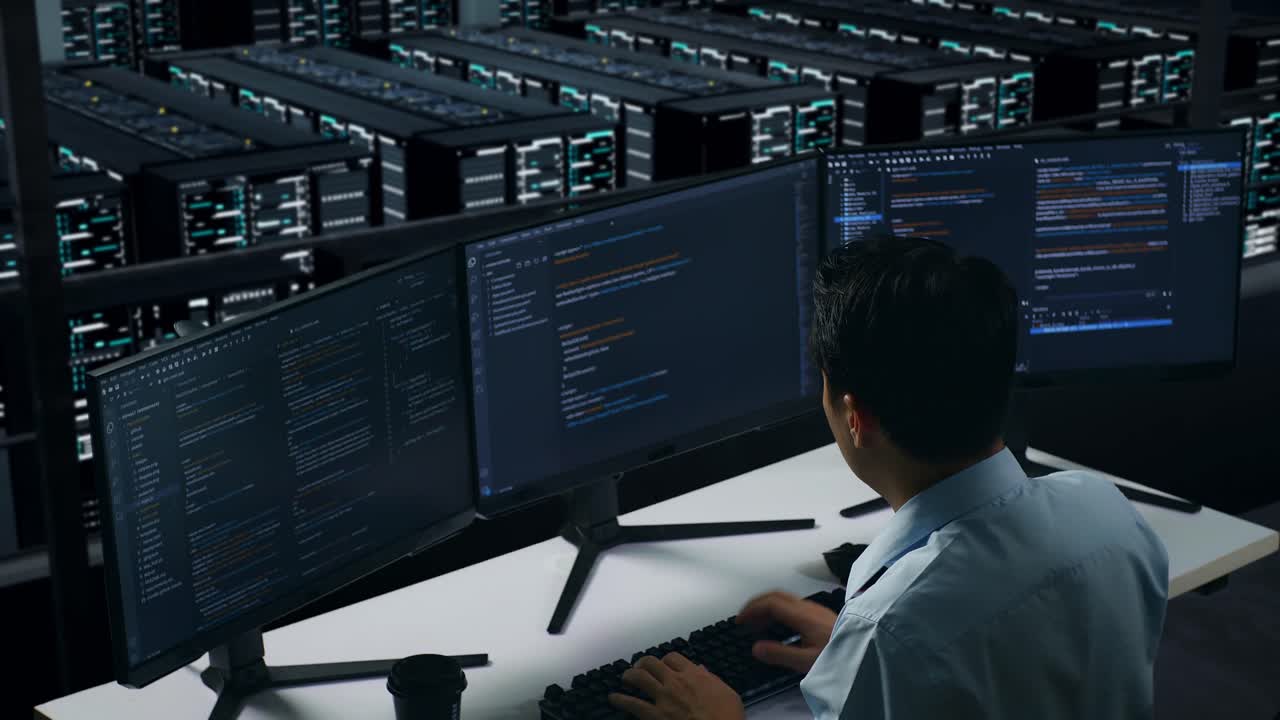 vista trasera de un hombre asiático cansado bostezando mientras trabajaba con un simulacro de varios monitores de computadora en el centro de datos
