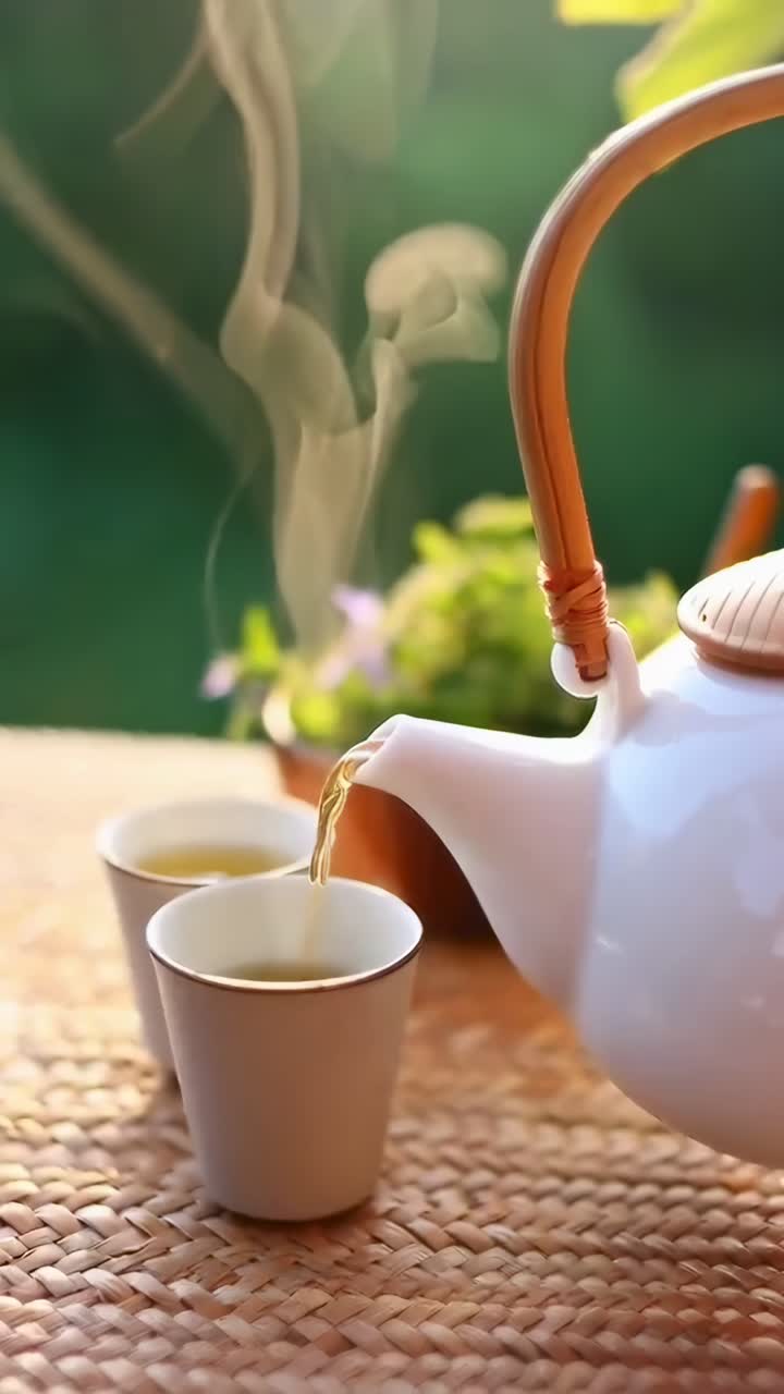 Cảnh video thanh bình về ấm trà và tách trà trên chiếc chiếu dệt, được quay từ góc cạnh.