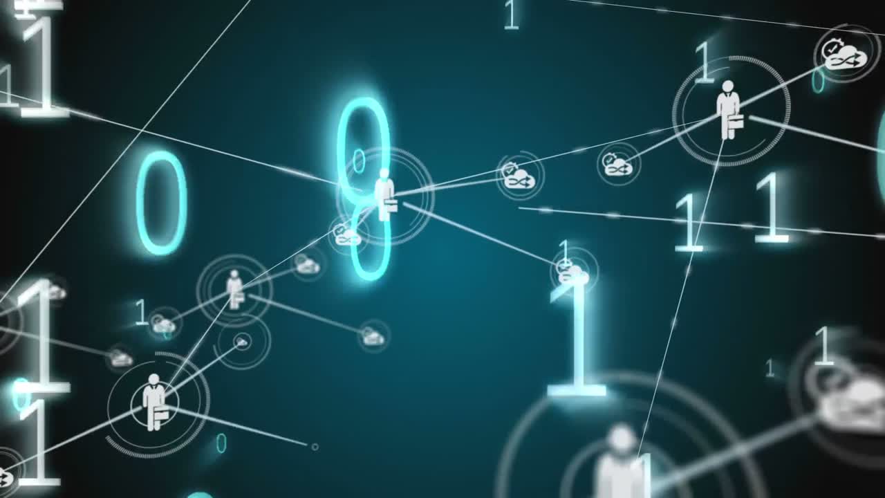 conectores en movimiento y datos digitales en fondo azul