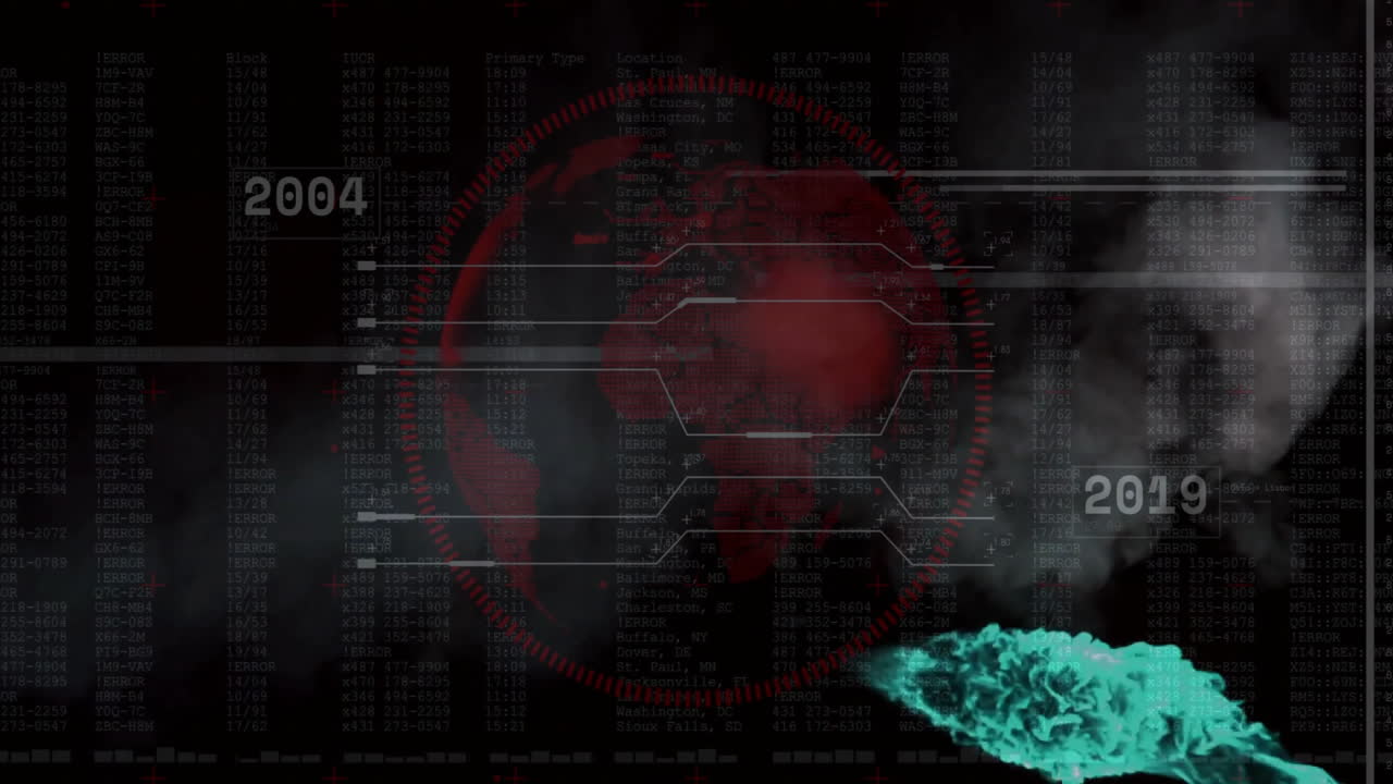 Central red circular HUD element showing radial ticks over faint globe while error codes scrolling