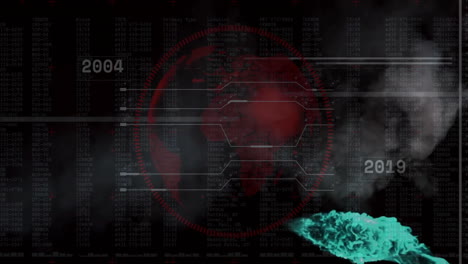 central red circular hud element showing radial ticks over faint globe while error codes scrolling