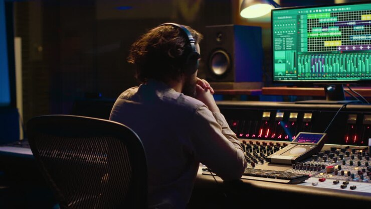 Mixer producer develops audio by editing recordings and integrating sounds